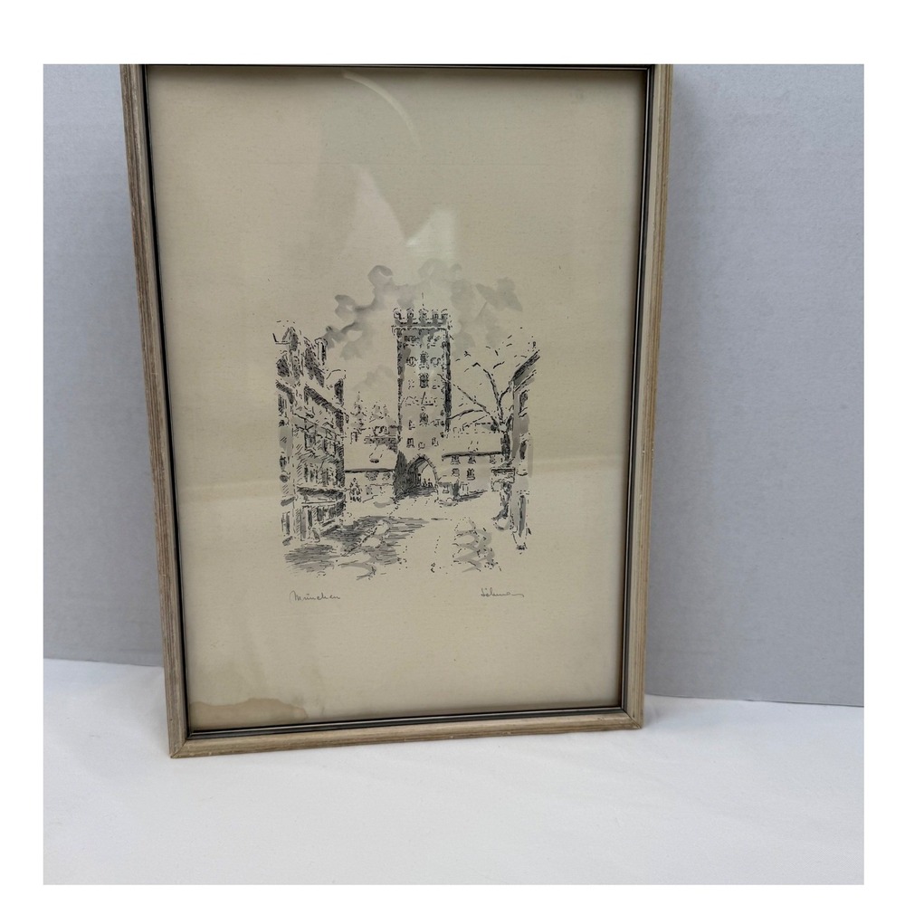 Vintage München Munich Germany Framed Ink Sketch Signed Cityscape Art 12x9
